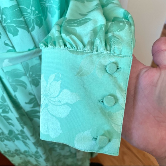 Vintage 80s Adele Simpson 100% Silk Seafoam Green Dress Long Sleeve Pleated 12 - Picture 6 of 16